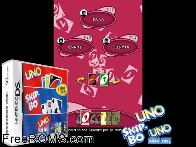 Uno - Skip-Bo - Uno Free Fall (3 Game Pack) Europe NDS game showing 3D box cover and gameplay screenshot