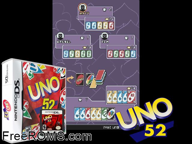 Uno 52 Europe NDS game showing 3D box cover and gameplay screenshot