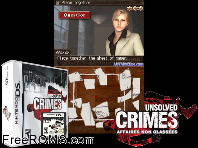 Unsolved Crimes NDS game showing 3D box cover and gameplay screenshot