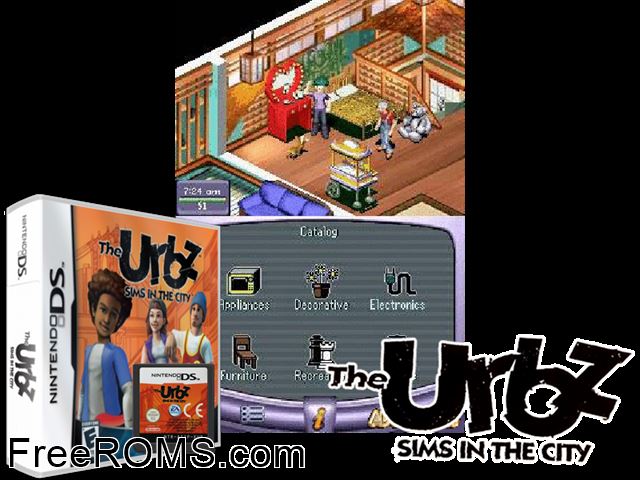 Urbz - Sims in the City, The NDS game showing 3D box cover and gameplay screenshot