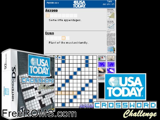 USA Today Crossword Challenge NDS game showing 3D box cover and gameplay screenshot