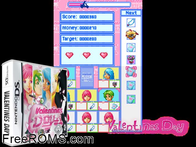 Valentines Day Europe NDS game showing 3D box cover and gameplay screenshot
