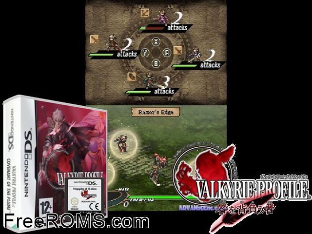 Valkyrie Profile - Covenant of the Plume Europe NDS game showing 3D box cover and gameplay screenshot