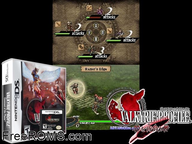Valkyrie Profile Covenant of the Plume NDS game showing 3D box cover and gameplay screenshot