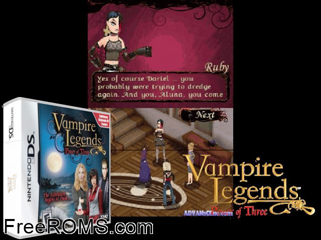 Vampire Legends - Power of Three NDS game showing 3D box cover and gameplay screenshot