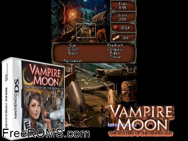 Vampire Moon - The Mystery of the Hidden Sun NDS game showing 3D box cover and gameplay screenshot