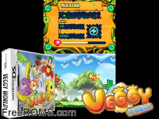 Veggy World NDS game showing 3D box cover and gameplay screenshot