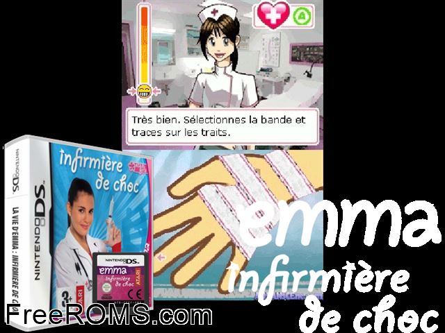 Vie DEmma - Infirmiere de Choc, La France NDS game showing 3D box cover and gameplay screenshot