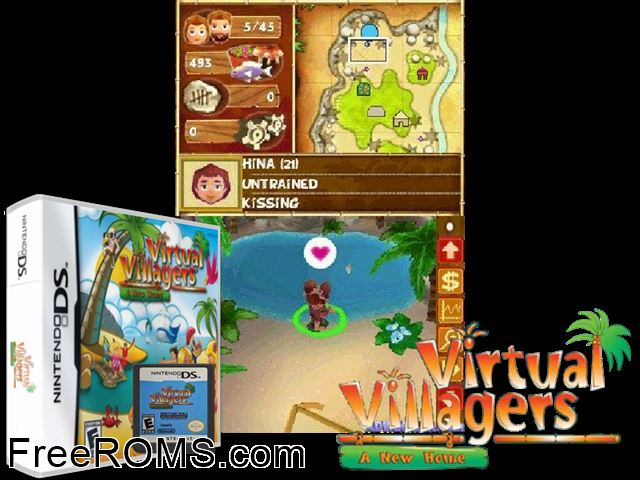 Virtual Villagers Europe NDS game showing 3D box cover and gameplay screenshot