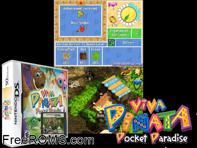 Viva Pinata - Pocket Paradise Europe NDS game showing 3D box cover and gameplay screenshot