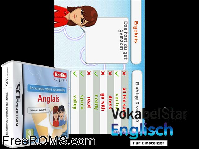 VokabelStar Englisch fuer Einsteiger Europe NDS game showing 3D box cover and gameplay screenshot