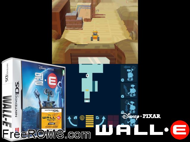 WALL-E NDS game showing 3D box cover and gameplay screenshot