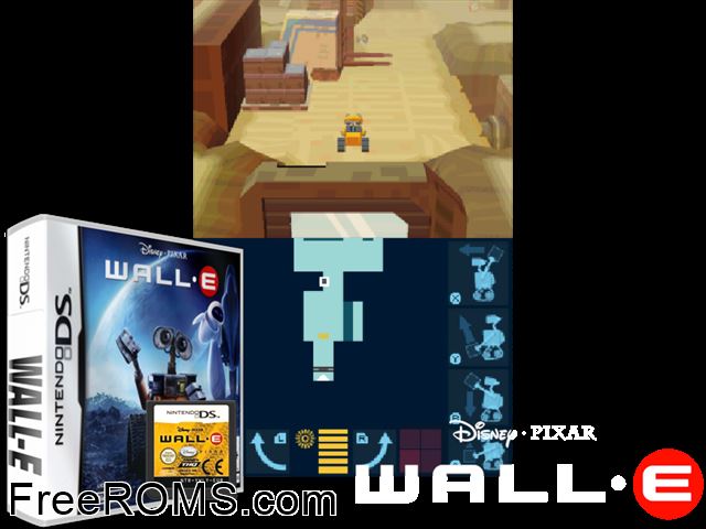WALL-E Europe NDS game showing 3D box cover and gameplay screenshot