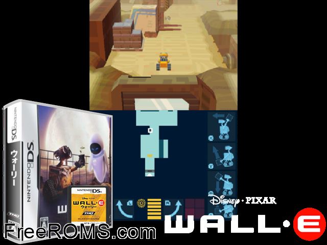 WALL-E Japan NDS game showing 3D box cover and gameplay screenshot
