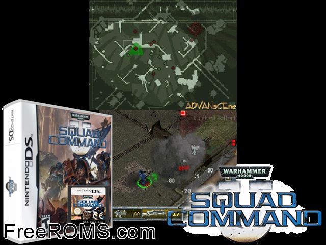 Warhammer 40,000 - Squad Command NDS game showing 3D box cover and gameplay screenshot