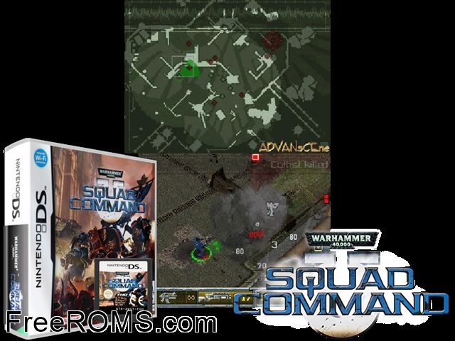 Warhammer 40,000 - Squad Command Europe NDS game showing 3D box cover and gameplay screenshot