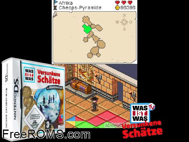 Was ist Was - Lost Treasures - The Adventure Game Europe NDS game showing 3D box cover and gameplay screenshot