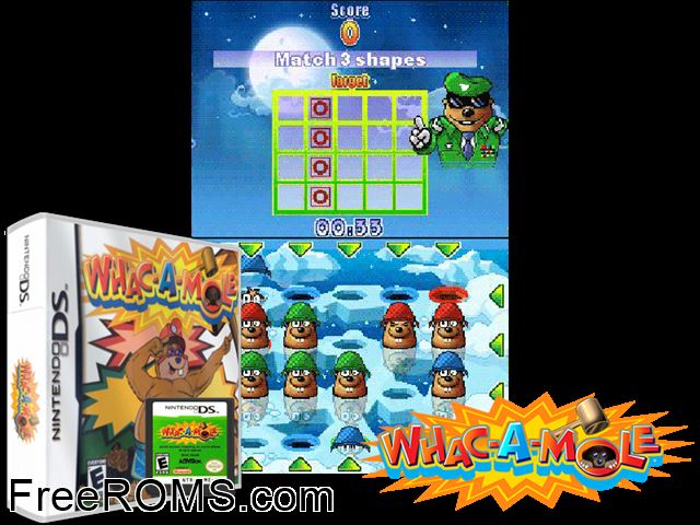 Whac-A-Mole NDS game showing 3D box cover and gameplay screenshot