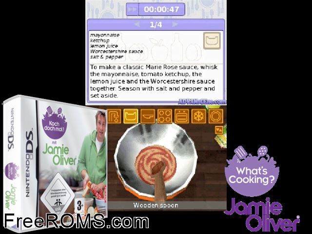 Whats Cooking - Jamie Oliver NDS game showing 3D box cover and gameplay screenshot