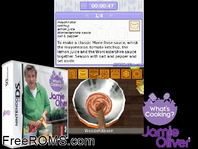 Whats Cooking - Jamie Oliver Europe NDS game showing 3D box cover and gameplay screenshot