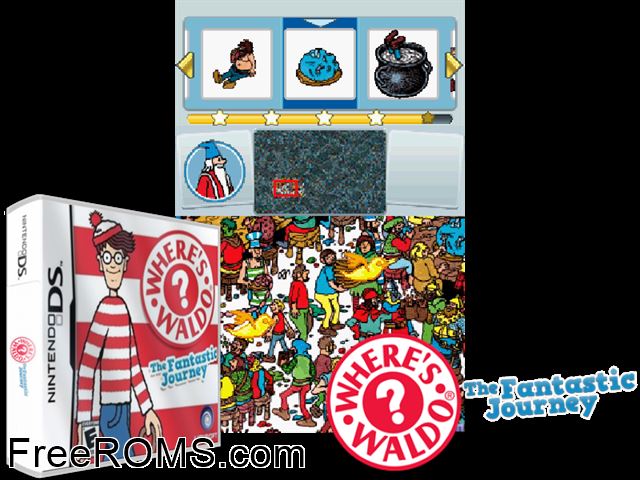 Wheres Waldo - The Fantastic Journey NDS game showing 3D box cover and gameplay screenshot
