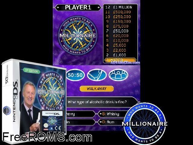 Who Wants to Be a Millionaire NDS game showing 3D box cover and gameplay screenshot