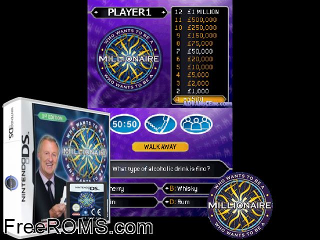 Who Wants to Be a Millionaire - 1st Edition Europe NDS game showing 3D box cover and gameplay screenshot
