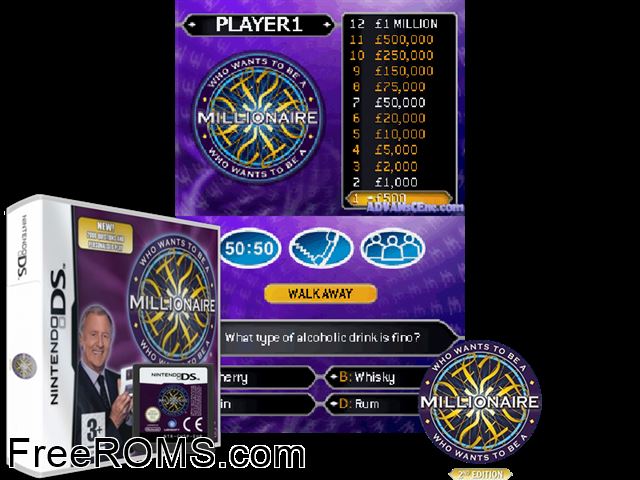 Who Wants to Be a Millionaire - 2nd Edition Europe NDS game showing 3D box cover and gameplay screenshot