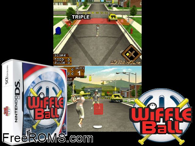 Wiffle Ball Europe NDS game showing 3D box cover and gameplay screenshot