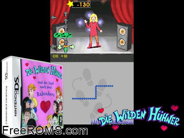 Wilden Huehner und die Jagd nach dem Rubinherz, Die Germany NDS game showing 3D box cover and gameplay screenshot