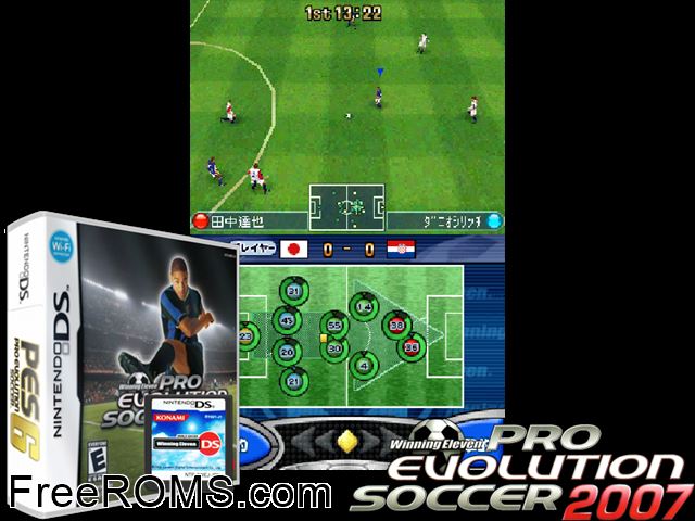 Winning Eleven Pro Evolution Soccer 2007 NDS game showing 3D box cover and gameplay screenshot