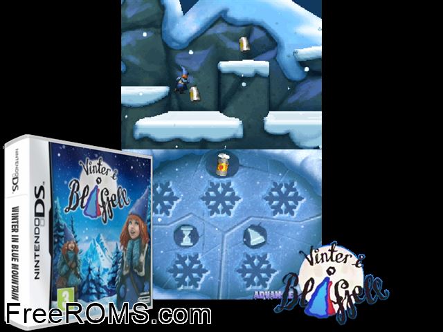 Winter in Blue Mountain Europe NDS game showing 3D box cover and gameplay screenshot