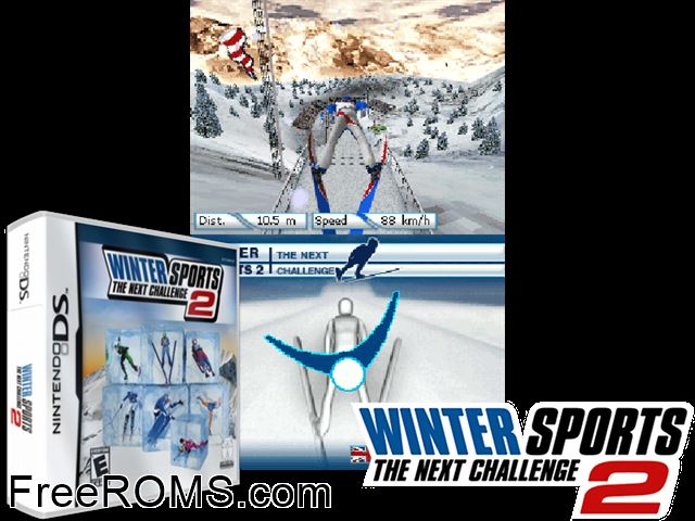 Winter Sports 2009 - The Next Challenge Europe NDS game showing 3D box cover and gameplay screenshot