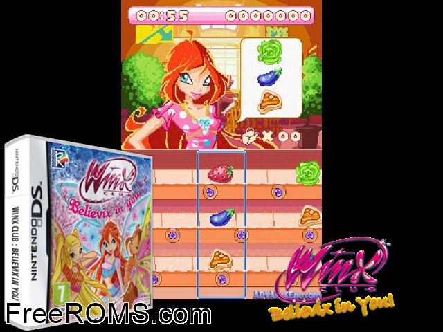 Winx Club - Believix in You! Europe NDS game showing 3D box cover and gameplay screenshot