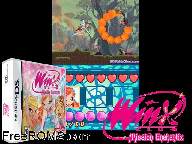 Winx Club - Mission Enchantix Europe NDS game showing 3D box cover and gameplay screenshot