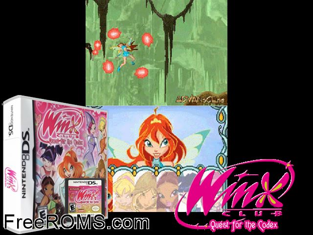 Winx Club - Quest for the Codex NDS game showing 3D box cover and gameplay screenshot