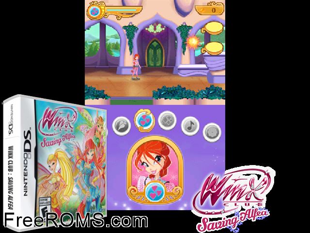 Winx Club - Saving Alfea NDS game showing 3D box cover and gameplay screenshot