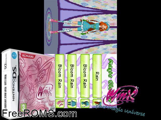 Winx Club - Your Magic Universe Europe NDS game showing 3D box cover and gameplay screenshot