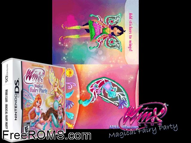 Winx Club Magical Fairy Party Europe NDS game showing 3D box cover and gameplay screenshot