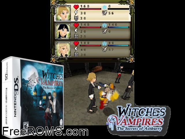 Witches and Vampires - The Secrets of Ashburry NDS game showing 3D box cover and gameplay screenshot