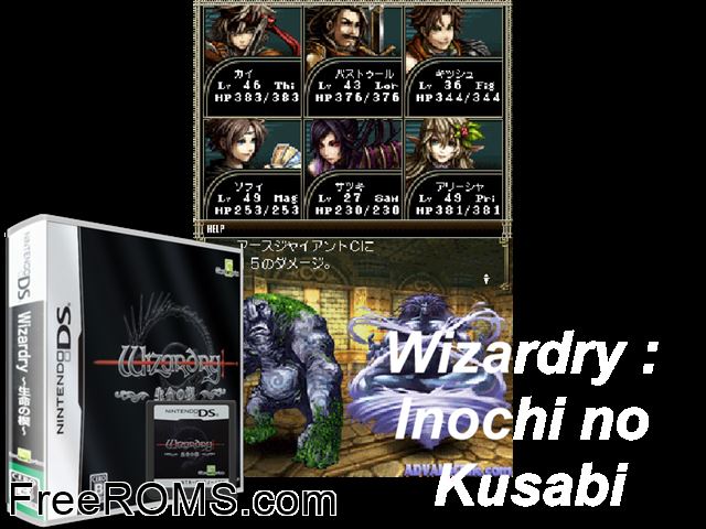Wizardry - Inochi no Kusabi Japan NDS game showing 3D box cover and gameplay screenshot