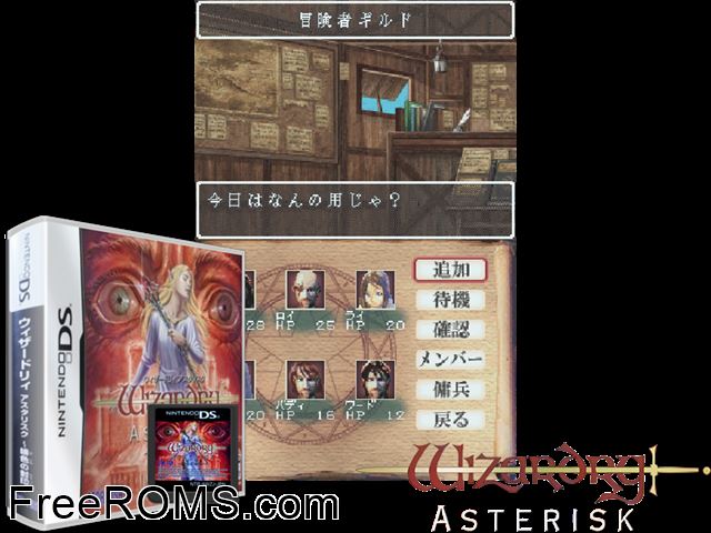 Wizardry Asterisk - Hiiro no Fuuin Japan NDS game showing 3D box cover and gameplay screenshot