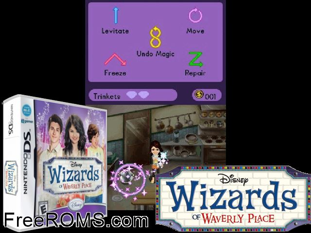Wizards of Waverly Place Europe NDS game showing 3D box cover and gameplay screenshot