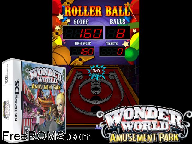 Wonder World Amusement Park NDS game showing 3D box cover and gameplay screenshot