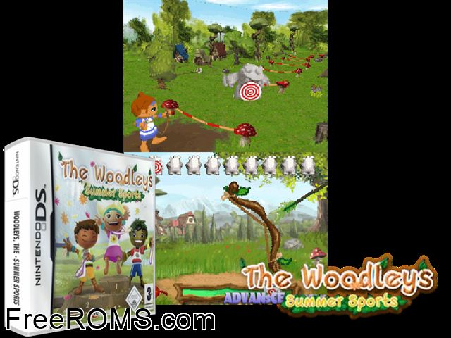 Woodleys - Summer Sports, The Europe NDS game showing 3D box cover and gameplay screenshot