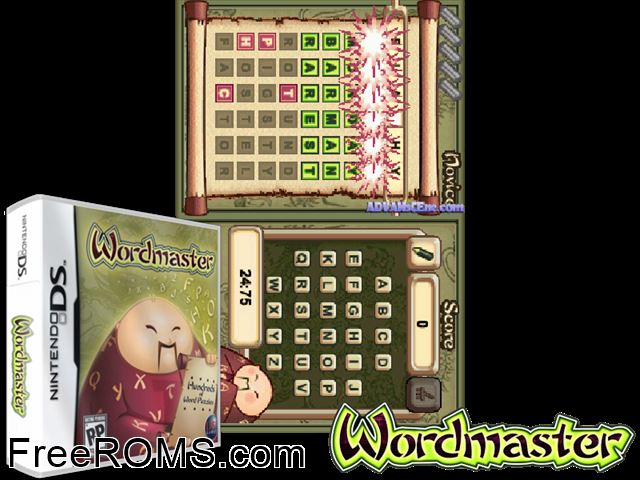 Wordmaster NDS game showing 3D box cover and gameplay screenshot