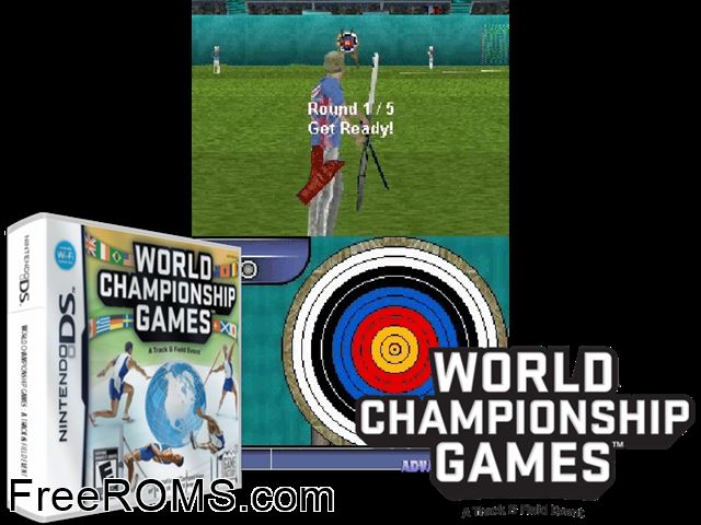 World Championship Games - A Track and Field Event NDS game showing 3D box cover and gameplay screenshot