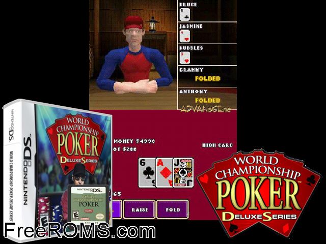 World Championship Poker - Deluxe Series Europe NDS game showing 3D box cover and gameplay screenshot