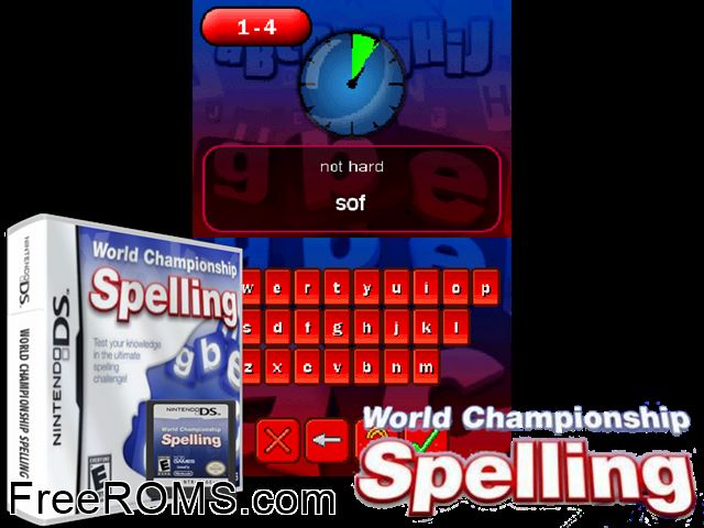 World Championship Spelling NDS game showing 3D box cover and gameplay screenshot