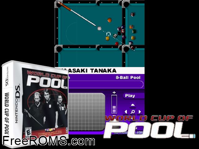World Cup of Pool NDS game showing 3D box cover and gameplay screenshot